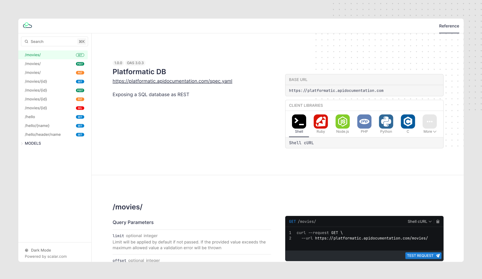 Screenshot of Scalar for a Platformatic DB app